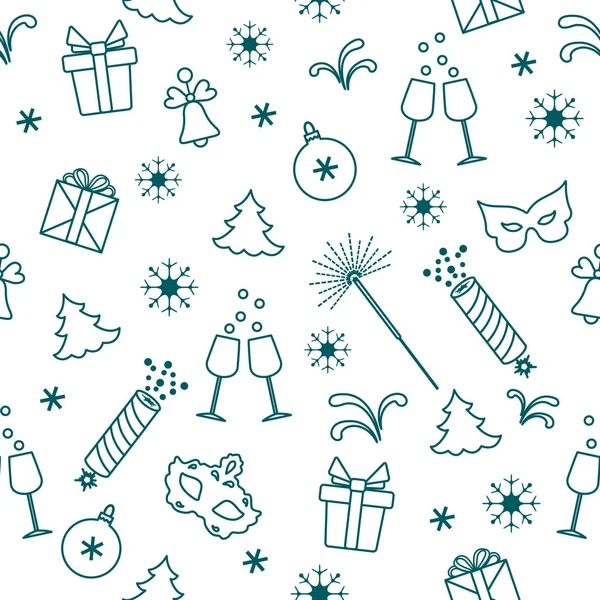 Бесшовный Рисунок Новогодними Символами Подарки Фейерверки Фейерверки Бусы Бокалы Шампанским — стоковый вектор