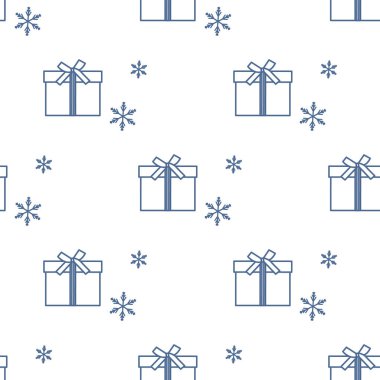 Hediye kutuları ile Seamless modeli şeritler ve kar taneleri ile bağlı. Tasarım kartpostal, davet, afiş için.