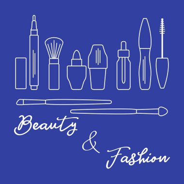 Makyaj. Dekoratif kozmetik Kozmetik yağı. Glamour moda moda stil. Göz kalemi, fırçalar, ruj, Kozmetik yağı, aplikatör, maskara.