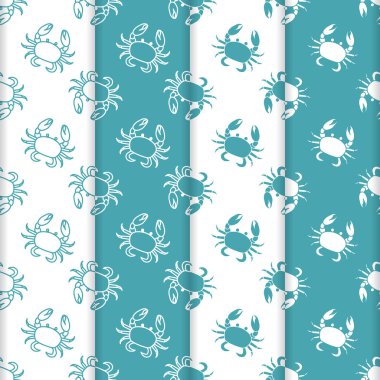 Yengeç ile 4 vektör Dikişsiz desen set. Deniz sakinleri. Hayvanlar su altında. Deniz ürünleri. Ambalaj Kağıt, kumaş ve diğer yazdırma için tasarım.