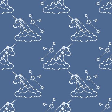 Sihirli unicorn ve takımyıldızları, bulutlar ile Seamless modeli. Tasarım çocuk grafik, t-shirt, kapak, hediye kartı için.