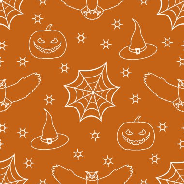 Örümcek ağı, kartal baykuş, kabak, şapka, cadı, Cadılar Bayramı 2019 vektör seamless modeli yıldız. Parti kartı, sarma, kumaş, yazdırma için tasarım.