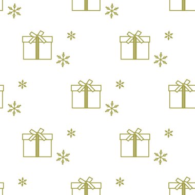 Hediye kutuları ile Seamless modeli şeritler ve kar taneleri ile bağlı. Tasarım kartpostal, davet, afiş için.