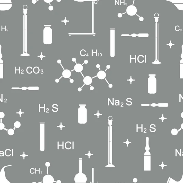 Nahtloses Muster Mit Kolben Reagenzgläsern Bechern Werkzeugen Und Formeln Bildungselemente — Stockvektor