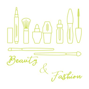 Makyaj. Dekoratif kozmetik Kozmetik yağı. Glamour moda moda stil. Göz kalemi, fırçalar, ruj, Kozmetik yağı, aplikatör, maskara.