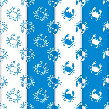 Yengeç ile 4 vektör Dikişsiz desen set. Deniz sakinleri. Hayvanlar su altında. Deniz ürünleri. Ambalaj Kağıt, kumaş ve diğer yazdırma için tasarım.