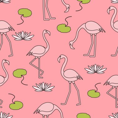 Flamingo, çiçek ve yaprakları nilüferler ile Seamless modeli. Tasarım poster ya da baskı için.