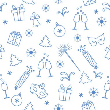 Yeni yıl sembolleri ile Seamless modeli. Hediyeler, havai fişek, havai fişek, boncuk, şampanya, çan, yılbaşı ağacı, maske, takvim, yıldız, kar taneleri ile gözlük.