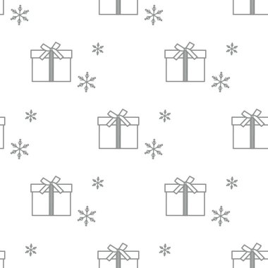 Hediye kutuları ile Seamless modeli şeritler ve kar taneleri ile bağlı. Tasarım kartpostal, davet, afiş için.