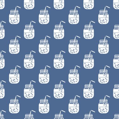 Güler yüzlü kavanoz ve tüpler ile Seamless modeli. Sağlıklı beslenme alışkanlıkları. Kolay pişirme işlemi.