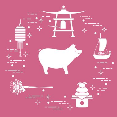 Mutlu yeni yıl 2019 kartı. Japonya'da yeni yıl sembolleri. Yaban domuzu, fener, çan, mochi, portakal, hazine gemi. Farklı ülkelerin şenlikli gelenekleri.