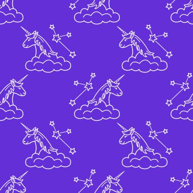 Sihirli unicorn ve takımyıldızları, bulutlar ile Seamless modeli. Tasarım çocuk grafik, t-shirt, kapak, hediye kartı için.