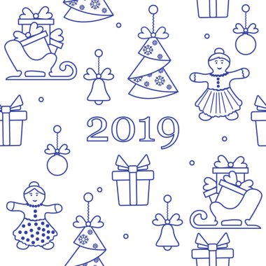 Noel ve yeni yıl sembolleri ile Seamless modeli. Noel ağaçları origami, zencefilli kurabiye adam, çan, toplar, kızakları, hediyeler.