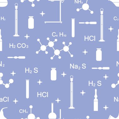 Bilimsel vektör şişeler, test tüpleri, kadehler, araçları ve formülleri ile seamless modeli. Eğitim öğeleri. Kimya, biyoloji, tıp.