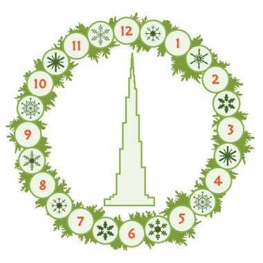 Noel çelenk çam dalları, kar taneleri ve ünlü kulesi. Yeni yıl ve Noel simgeler. Mutlu yeni yıl 2019, Noel kartı.
