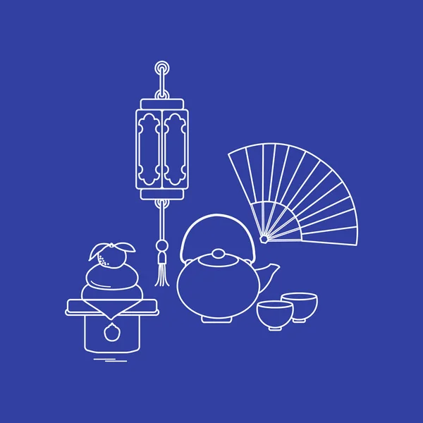 Oost Nieuwjaar Symbolen Chinese Lantaarn Waterkoker Met Twee Kopjes Ventilator — Stockvector