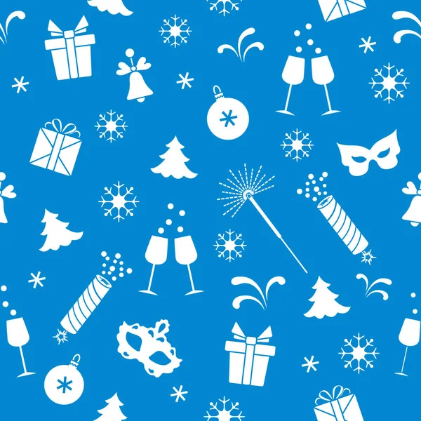 Nahtloses Muster Mit Neujahrssymbolen Geschenke Feuerwerkskörper Feuerwerk Perlen Sektgläser Glocke — Stockvektor