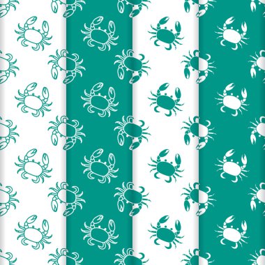 Yengeç ile 4 vektör Dikişsiz desen set. Deniz sakinleri. Hayvanlar su altında. Deniz ürünleri. Ambalaj Kağıt, kumaş ve diğer yazdırma için tasarım.