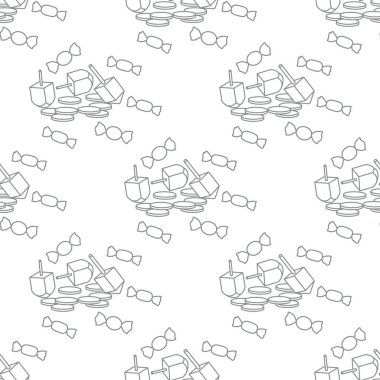 Topaç, sevivon, paralar, tatlılar ile Seamless modeli. Yahudi Bayramı Hanuka. Çocuk oyunu.