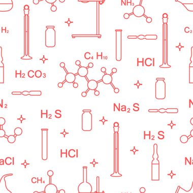 Bilimsel vektör şişeler, test tüpleri, kadehler, araçları ve formülleri ile seamless modeli. Eğitim öğeleri. Kimya, biyoloji, tıp.