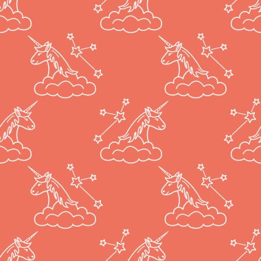 Sihirli unicorn ve takımyıldızları, bulutlar ile Seamless modeli. Tasarım çocuk grafik, t-shirt, kapak, hediye kartı için.
