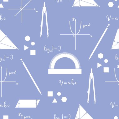 Matematiksel bilimsel vektör geometri araziler, araçları ve formülleri ile seamless modeli. Eğitim öğeleri. Pergel, iletki, kalem, grafik, kent, parabol, formüller, üçgen, paralelkenar.