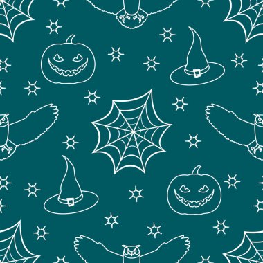 Örümcek ağı, kartal baykuş, kabak, şapka, cadı, Cadılar Bayramı 2019 vektör seamless modeli yıldız. Parti kartı, sarma, kumaş, yazdırma için tasarım.