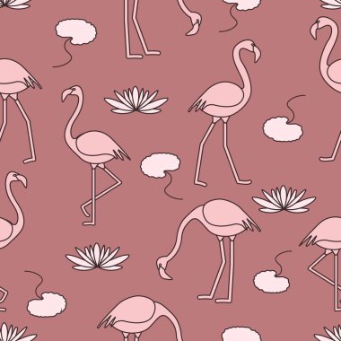 Flamingo, çiçek ve yaprakları nilüferler ile Seamless modeli. Tasarım poster ya da baskı için.