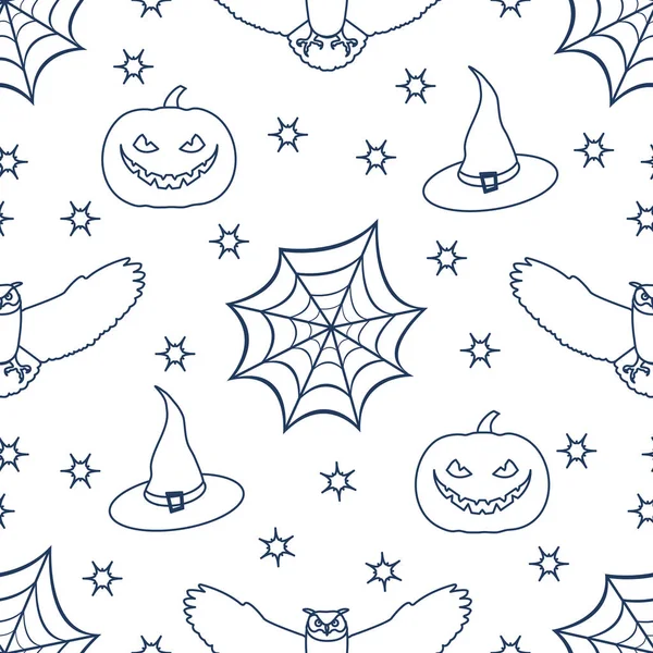 Örümcek ağı, kartal baykuş, kabak, şapka, cadı, Cadılar Bayramı 2019 vektör seamless modeli yıldız. Parti kartı, sarma, kumaş, yazdırma için tasarım.
