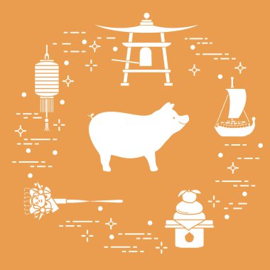 Mutlu yeni yıl 2019 kartı. Japonya'da yeni yıl sembolleri. Yaban domuzu, fener, çan, mochi, portakal, hazine gemi. Farklı ülkelerin şenlikli gelenekleri.