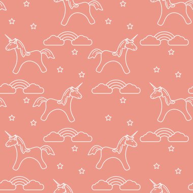 Sihirli unicorn ve yıldız, bulutlar, gökkuşağı ile Seamless modeli. Tasarım çocuk grafik, t-shirt, kapak, hediye kartı için.