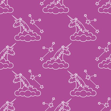 Sihirli unicorn ve takımyıldızları, bulutlar ile Seamless modeli. Tasarım çocuk grafik, t-shirt, kapak, hediye kartı için.