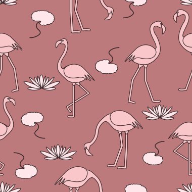 Flamingo, çiçek ve yaprakları nilüferler ile Seamless modeli. Tasarım poster ya da baskı için.