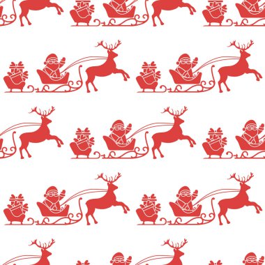 Noel ve mutlu yeni yıl 2019 seamless modeli. Vektör çizim Noel Baba hediyeleri kıvrıla reindeers ile birlikte. Tasarımı için yazdırma.
