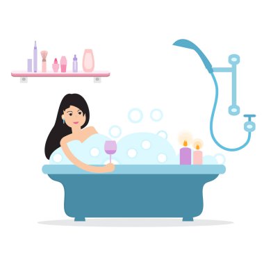 Vektör karikatür tarzı çizim kadın sabun köpüğü ile tam banyo. Rahatlatıcı kız banyoda. Banyo iç.