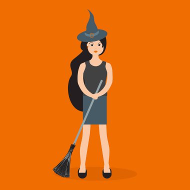 Cadılar Bayramı 2019 vektör çizim modern cadı bir süpürge sopası holding ile. Parti kartı, sarma, kumaş, yazdırma için tasarım.