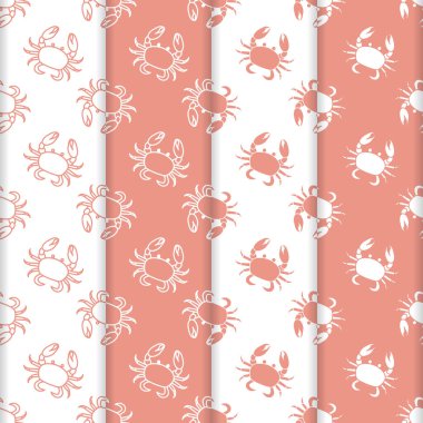 Yengeç ile 4 vektör Dikişsiz desen set. Deniz sakinleri. Hayvanlar su altında. Deniz ürünleri. Ambalaj Kağıt, kumaş ve diğer yazdırma için tasarım.