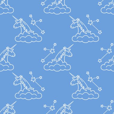 Sihirli unicorn ve takımyıldızları, bulutlar ile Seamless modeli. Tasarım çocuk grafik, t-shirt, kapak, hediye kartı için.