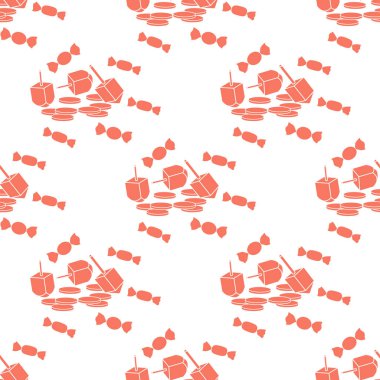 Topaç, sevivon, paralar, tatlılar ile Seamless modeli. Yahudi Bayramı Hanuka. Çocuk oyunu.