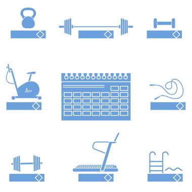 Zaman Fitness. 2019 fitness kavramı ile spor malzemeleri. Sağlıklı bir yaşam tarzı. Takvim, ağırlık, halter, dambıl, Kazaklar, koşu bandı, havuzu, egzersiz bisikleti.
