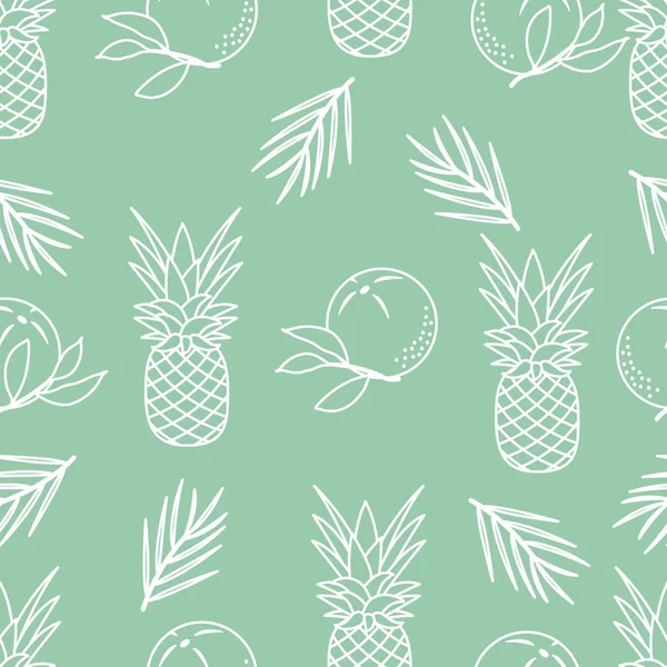 Naadloze Patroon Met Ananas Sinaasappel Bladeren Tropisch Fruit Zomer Achtergrond — Stockvector