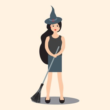 Cadılar Bayramı 2019 vektör çizim modern cadı bir süpürge sopası holding ile. Parti kartı, sarma, kumaş, yazdırma için tasarım.