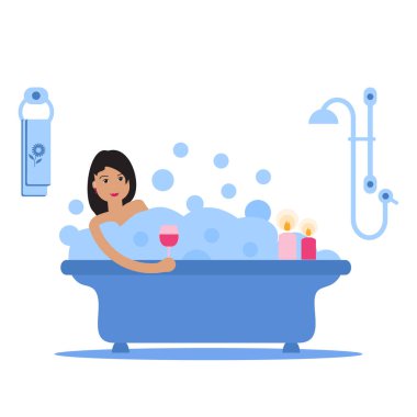 Vektör karikatür tarzı çizim kadın sabun köpüğü ile tam banyo. Rahatlatıcı kız banyoda. Banyo iç.