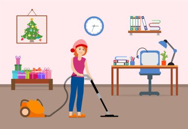 Mutlu yeni yıl 2019 ve Christmas illüstrasyon vektör. Kız temizler ve tatil için oda süsle.