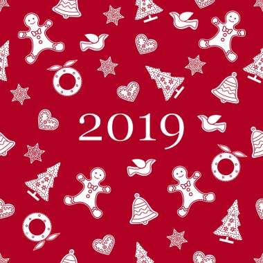 Noel ve yeni yıl sembolleri ile Seamless modeli. Noel ağacı, Noel çelenk, zencefilli kurabiye adam, kuşlar, çan, yıldız, kalpler.