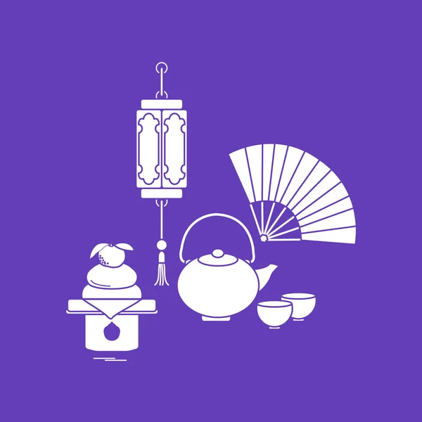 Symboles Nouvel Oriental Lanterne Chinoise Bouilloire Avec Deux Tasses Ventilateur — Image vectorielle