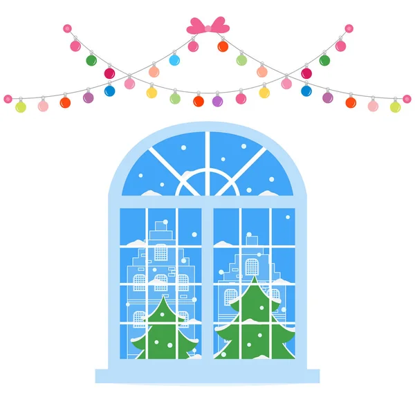 Gelukkig Nieuwjaar 2019 Kerst Vector Illustratie Kerst Venster Met Uitzicht — Stockvector