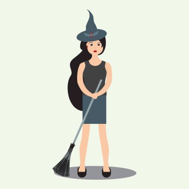 Cadılar Bayramı 2019 vektör çizim modern cadı bir süpürge sopası holding ile. Parti kartı, sarma, kumaş, yazdırma için tasarım.