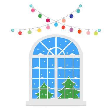 Mutlu yeni yıl 2019 ve Christmas illüstrasyon vektör. Noel pencere kış peyzaj manzaralı çelenk ile dekore edilmiştir. Noel ağaçları, kar.