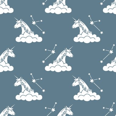 Sihirli unicorn ve takımyıldızları, bulutlar ile Seamless modeli. Tasarım çocuk grafik, t-shirt, kapak, hediye kartı için.